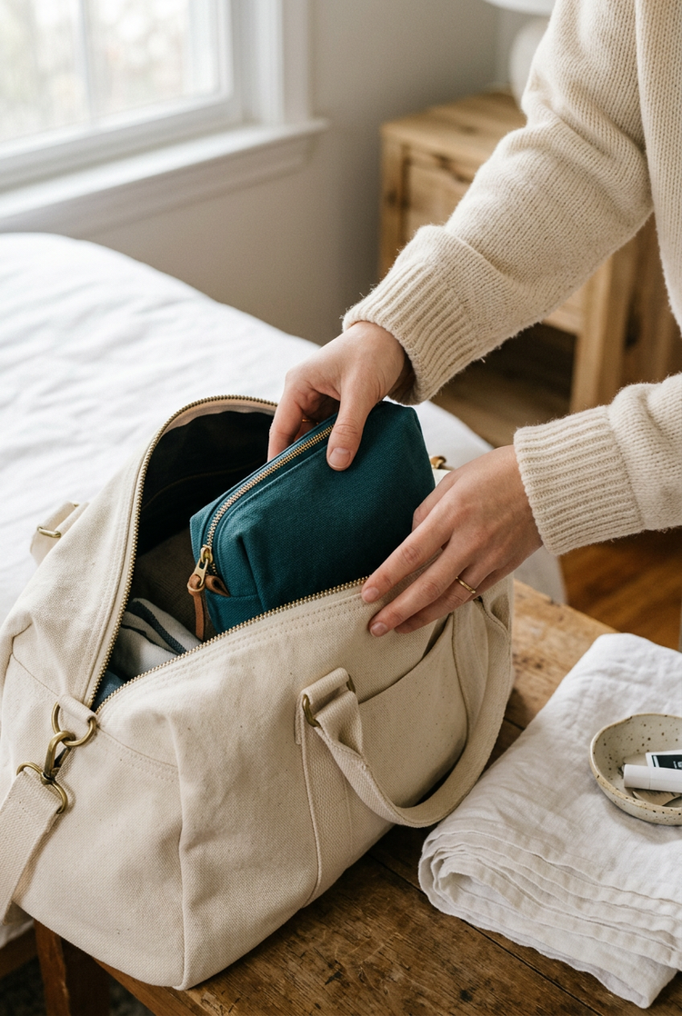 Packing a teal toiletry pouch into a canvas travel bag